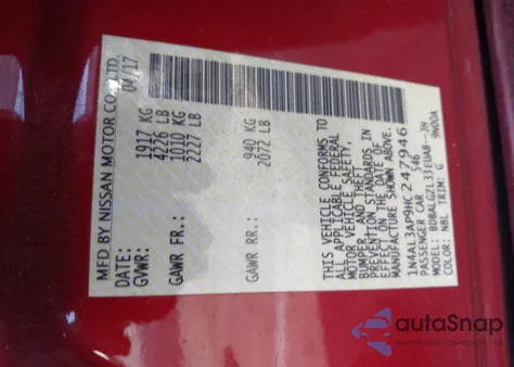 2017 Nissan Altima 2.5 S z USA, uszkodzony, nr VIN 1N4AL3AP9HC247946